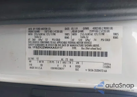 2019 Ford Transit-350 Xlt z USA, uszkodzony, nr VIN 1FBZX2ZM9KKA53117